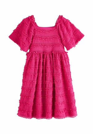 Bright pink knee-length dress with puffed short sleeves and textured lace fabric arranged in horizontal ruffles.