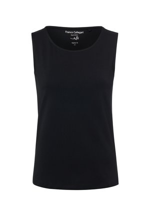 Schwarzes ärmelloses Oberteil aus Baumwolle mit rundem Ausschnitt und regulärer Passform. Der Stoff wirkt glatt, ohne sichtbare Muster oder Verzierungen.