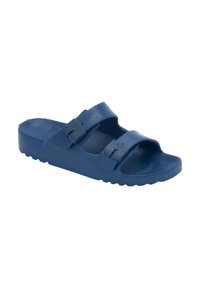 Marinblå slip-in sandal gjord av mjukt, flexibelt material. Har två justerbara remmar med spännen och en texturerad sula för bra grepp.