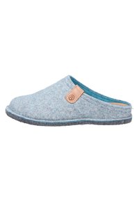 Pantofola in feltro azzurro chiaro con un accento in pelle. Presenta un design senza lacci e una suola in gomma grigia per garantire durabilità.