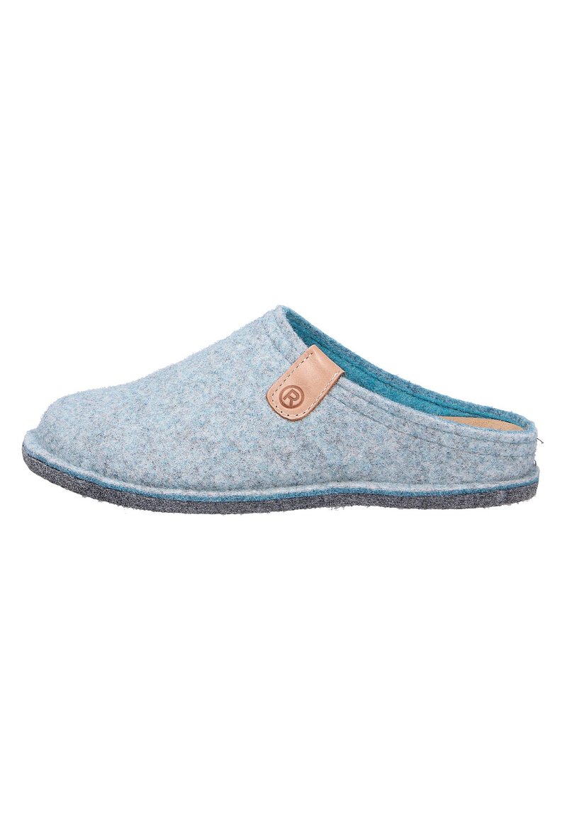 Pantofola in feltro azzurro chiaro con un accento in pelle. Presenta un design senza lacci e una suola in gomma grigia per garantire durabilità.
