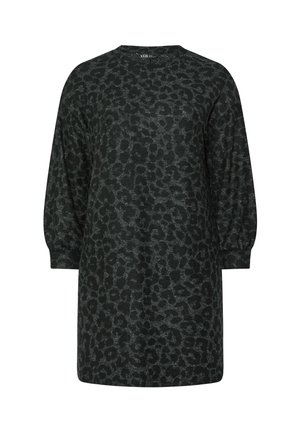 Robe à manches longues en gris foncé avec un motif léopard subtil. Fabriquée en tissu doux avec une coupe décontractée et un col rond.