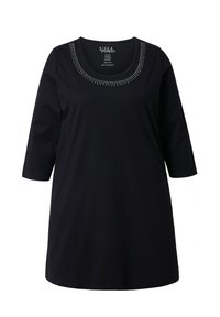 Black cotton T-shirt with a scoop neckline featuring decorative stud accents around the collar, three-quarter sleeves, and a straight cut.
