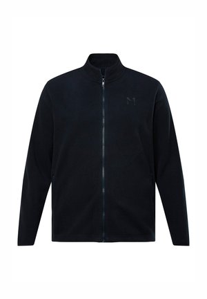Dunkelblaue Fleecejacke mit Reißverschluss, Stehkragen und geprägtem "M"-Logo auf der linken Brust. Verfügt über seitliche Taschen und eine glatte Textur.