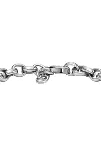 Silberner Metallkette-Armband mit ineinander verschlungenen ovalen und runden Gliedern, polierter Oberfläche und einem Karabinerverschluss.