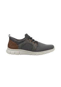 Gray sneaker with mesh upper, brown suede accents, and rubber sole. Features round laces and a pull tab at the heel for easy wear.