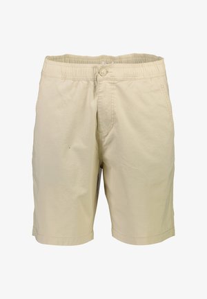 Shorts en coton beige avec une taille ajustable, fermeture à bouton, poches avant et une texture lisse. Présente des coutures soignées et une coupe décontractée.