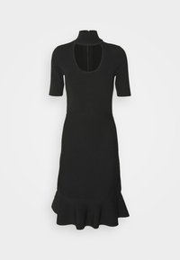 Robe noire en tricot côtelé avec des manches courtes, col montant, découpe en forme de goutte à l'avant, taille cintrée et ourlet en flocons évasé.