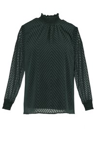 Blouse à manches longues vert foncé avec un grand col smocké, motif chevron texturé et poignets élastiqués. Tissu transparent.