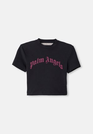 Black cropped t-shirt with short sleeves and "palm Angels" text in gothic red font across the chest.