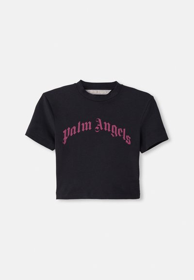 Black cropped t-shirt with short sleeves and "palm Angels" text in gothic red font across the chest.