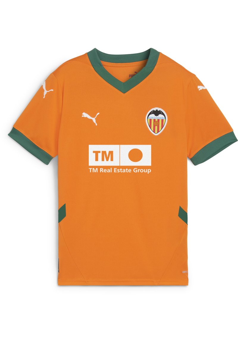 Oranžinė futbolo marškinė su žaliais akcentais, V formos iškirpė, su Puma logotipu ir Valencia FC emblema, su atspausdintu sponsoriaus logotipu priekyje.