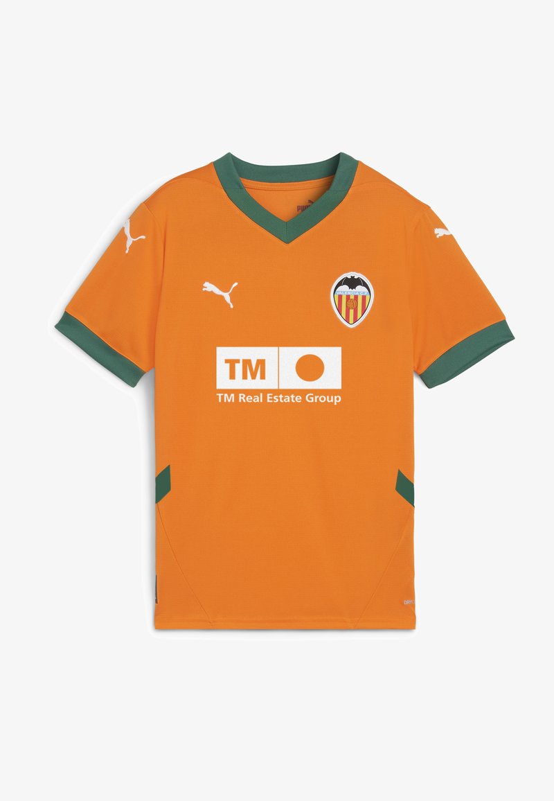Oranžna nogometna majica z zelenimi poudarki, z obliko V-izreza, vključuje logotip Puma in grb Valencia CF, na sprednji strani pa ima natisnjen logotip sponzorja.