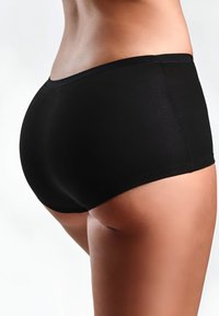 Zwarte katoenen hipsteronderbroek met een gladde textuur, brede elastische tailleband en ronde snit, ontworpen voor comfort en bedekking.