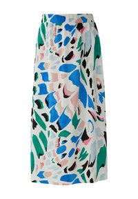 Jupe midi blanche avec un motif abstrait coloré en bleu, vert, noir, rose et gris, avec un design plissé et une taille élastique.