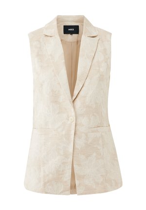 Blazer beige sans manches avec une texture florale, en tissu tissé. Les caractéristiques notables incluent deux poches avant et une fermeture à un bouton.