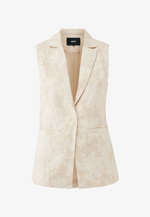 Beige mouwloze blazer met bloemrijke textuur, gemaakt van geweven stof. Opvallende kenmerken zijn twee voorzakken en een enkele knoopsluiting.