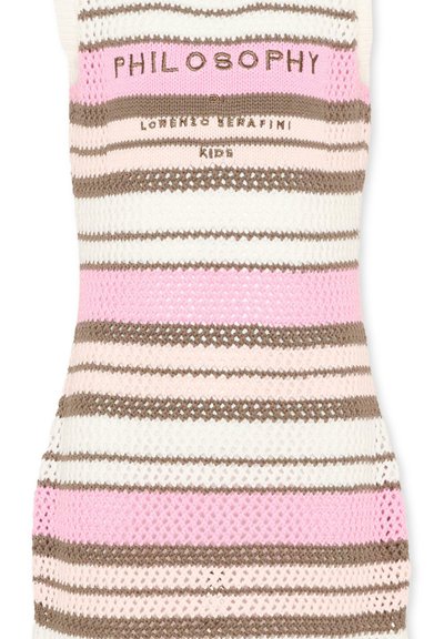 Haut sans manches tricoté pour enfants avec des rayures horizontales en rose, blanc, beige et marron, étiqueté "PHILOSOPHY by Lorenzo Serafini KIDS."