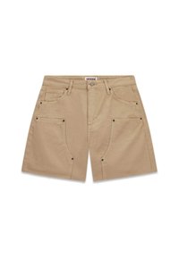 Pantaloni corti khaki in cotone, dotati di cinque tasche, hardware argentato e taglio dritto. Il tessuto appare liscio e leggero.