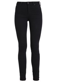 Jean skinny noir taille haute, fabriqué en denims extensible. Comprend une fermeture à bouton à l'avant et un design classique à cinq poches.