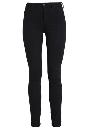 Schwarze enge Jeans mit hoher Taille, aus dehnbarem Denim gefertigt. Mit Knopfverschluss vorne und klassischem Fünf-Taschen-Design.