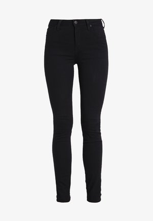 Schwarze enge Jeans mit hoher Taille, aus dehnbarem Denim gefertigt. Mit Knopfverschluss vorne und klassischem Fünf-Taschen-Design.