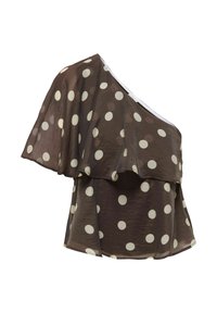 Blouse marron à une épaule avec des pois blancs et des détails de tissu superposé et fluide sur le corsage et la manche.
