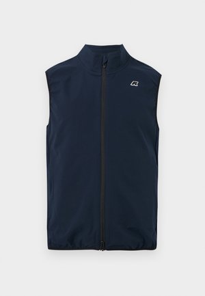Granatowa kamizelka bez rękawów z zamkiem błyskawicznym z przodu i wysokim kołnierzem, z małym białym logo na lewej piersi.