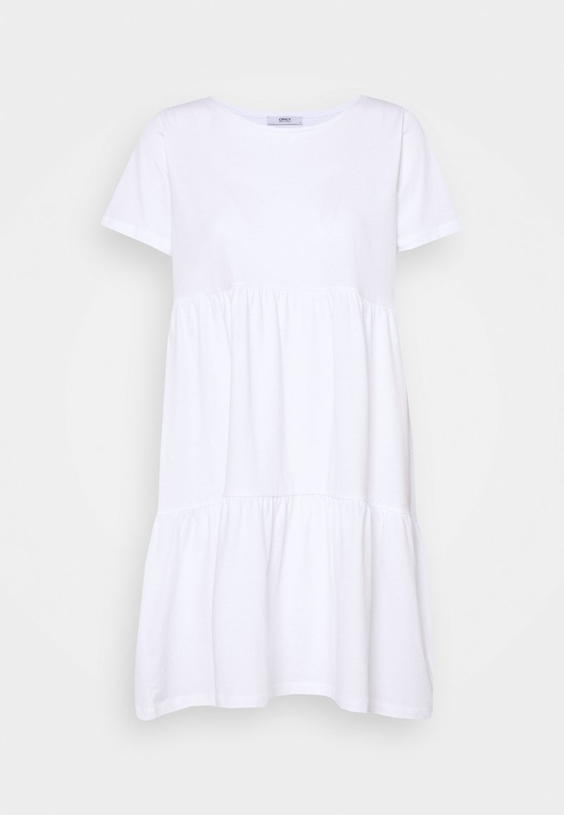 Robe courte en coton blanc avec manches courtes et volants froncés créant une silhouette ample et fluide.