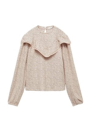 Blusa beige a maniche lunghe con stampa floreale piccola, ampio collo arricciato e chiusura con bottoni sulla nuca.