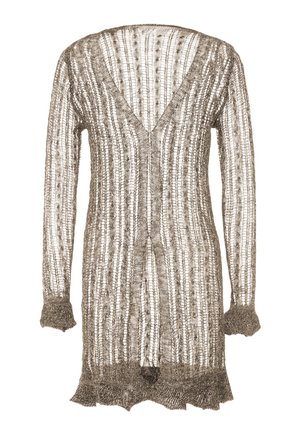 Knit cardigan vaaleanruskeana, jossa on V-pääntie, pitkät hihat ja liehuva helma. Sisältää raidallisen kuvion ja aaltoilevat reunakohtaukset.