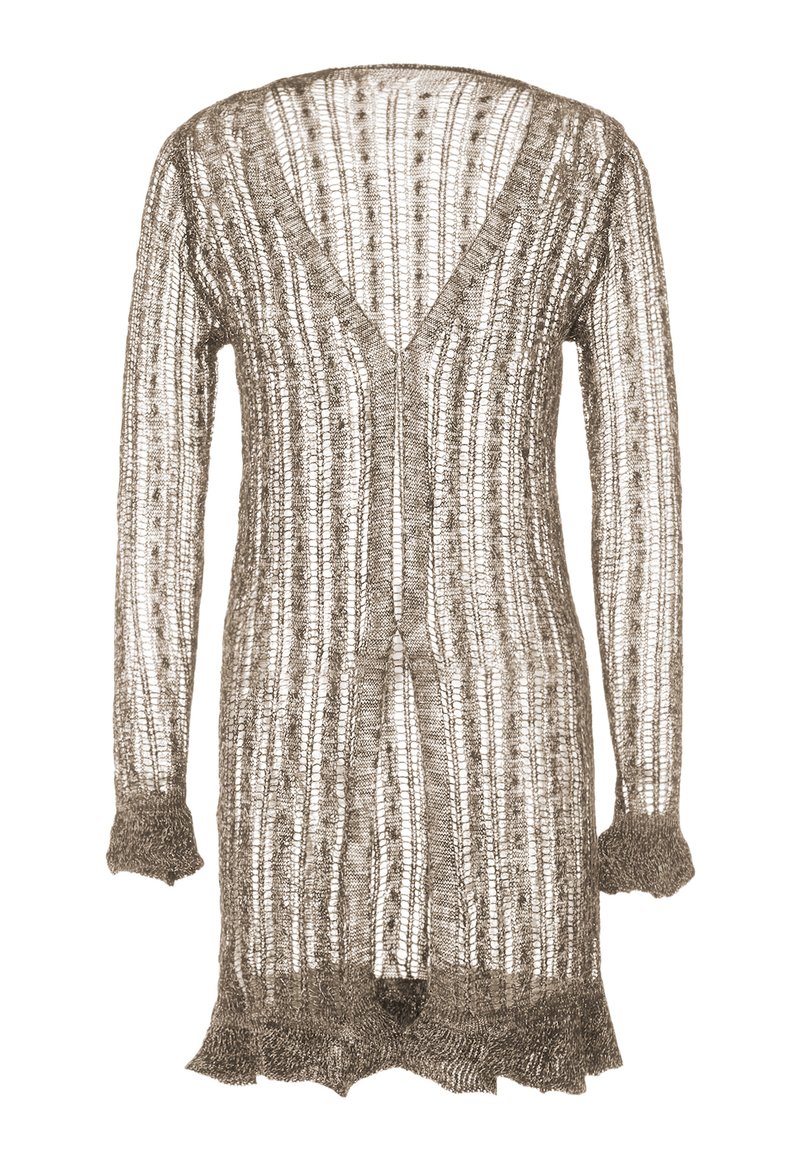 Könnyű barna kötött kardigán V-nyakkal, hosszú ujjal és bővülő szegéllyel. Csíkos mintázattal és hullámos él részletekkel rendelkezik.