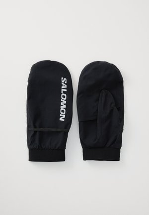 Čierne rukavice s textúrovanou tkaninou, elastickými manžetami a bielym potlačeným logom. Obsahujú samostatnú časť pre palec, ktorá poskytuje uchopenie.