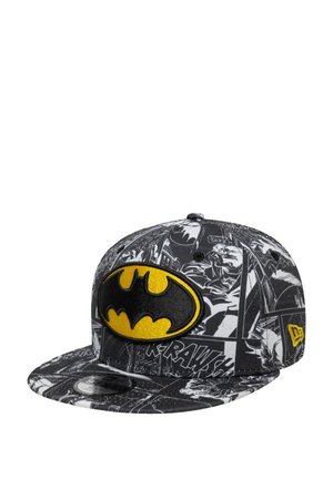 Schwarze und graue Mütze mit einem Batman-Comics-Design, einem 3D Schwarzen und Gelben Batman-Logo auf der Vorderseite und einem flachen Schirm.
