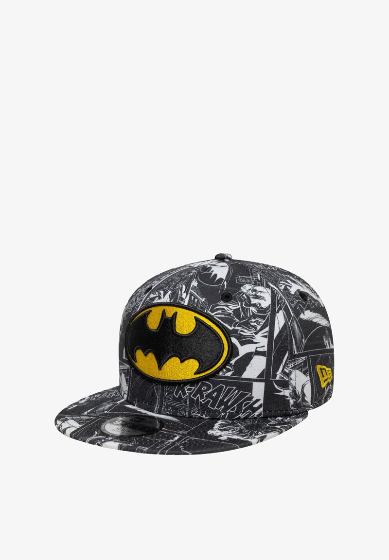 Schwarze und graue Mütze mit einem Batman-Comics-Design, einem 3D Schwarzen und Gelben Batman-Logo auf der Vorderseite und einem flachen Schirm.
