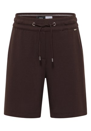 Shorts décontractés marron foncé avec taille élastique et cordon, fabriqués en tissu doux, présentés sur fond blanc.