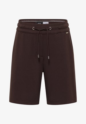 Shorts décontractés marron foncé avec taille élastique et cordon, fabriqués en tissu doux, présentés sur fond blanc.