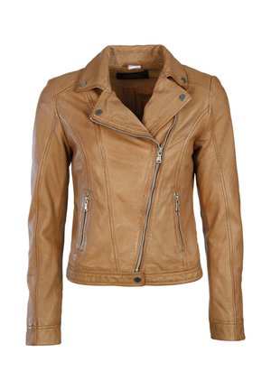 Tan lædermotorcykeljakke med et cropped design, indsnit krave, asymmetrisk frontlynlås og to lynlåslommer.