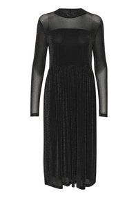 Svart långärmad klänning med en figursydd bodice och veckad kjol. Genomskinliga meshärmar och en skimrande tygyta. Modellens längd.