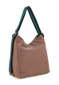 Borsa hobo in pelle marrone con design morbido, caratterizzata da una tracolla a righe nere e turchesi e dettagli in metallo color argento.