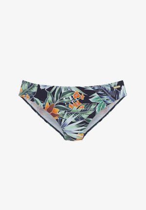 Naisten bikinihousut, joissa trooppinen kukkakuosi vihreänä, oranssina ja valkoisena tummalla pohjalla, ja pieni merkkilappu.