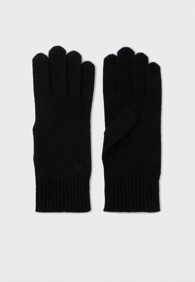 Czarne dziane rękawiczki z pięcioma palcami, z prążkowanymi mankietami i małym logo. Gładka tekstura, zaprojektowane z myślą o cieple i komforcie.