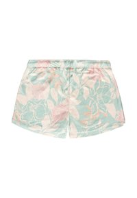 Blommönstrade shorts i mintgrönt med blekrosa och guldaccenter. Tillverkade av mjukt tyg med elastisk midjeresår.