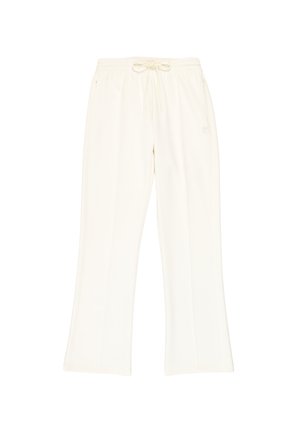 Pantaloni bianchi in tessuto morbido con vita con coulisse e due tasche laterali, mostrati distesi su sfondo bianco.
