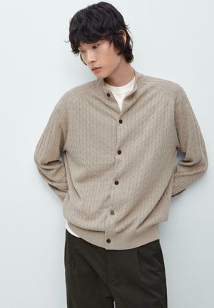 Giovane uomo con capelli scuri che indossa un cardigan beige lavorato a trecce abbottonato sopra una camicia bianca e pantaloni neri, in piedi con le mani dietro la schiena.