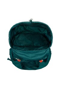 Tyrkysový batoh s otevřeným vrškem. Uvnitř má velký prostor a síťovou kapsu. Mezi akcenty jsou červené stahovací prvky na zipu.