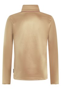 Langsleeve shirt in een lichtbeige kleur met een gladde textuur, een staande kraag en geen zichtbare sluitingen of patronen.