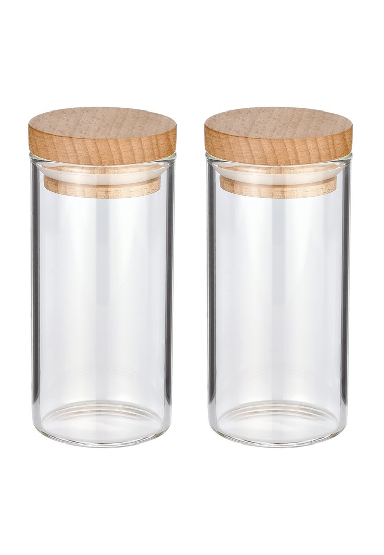 Klare Glasbehälter mit hellen Holzdeckeln, zylindrische Form, glatte Oberfläche und keine sichtbaren Muster oder Verzierungen.