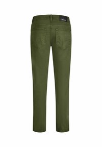 Jeans en denim vert olive à coupe droite, avec deux poches arrière et une étiquette sur la taille. Texture lisse et design classique.
