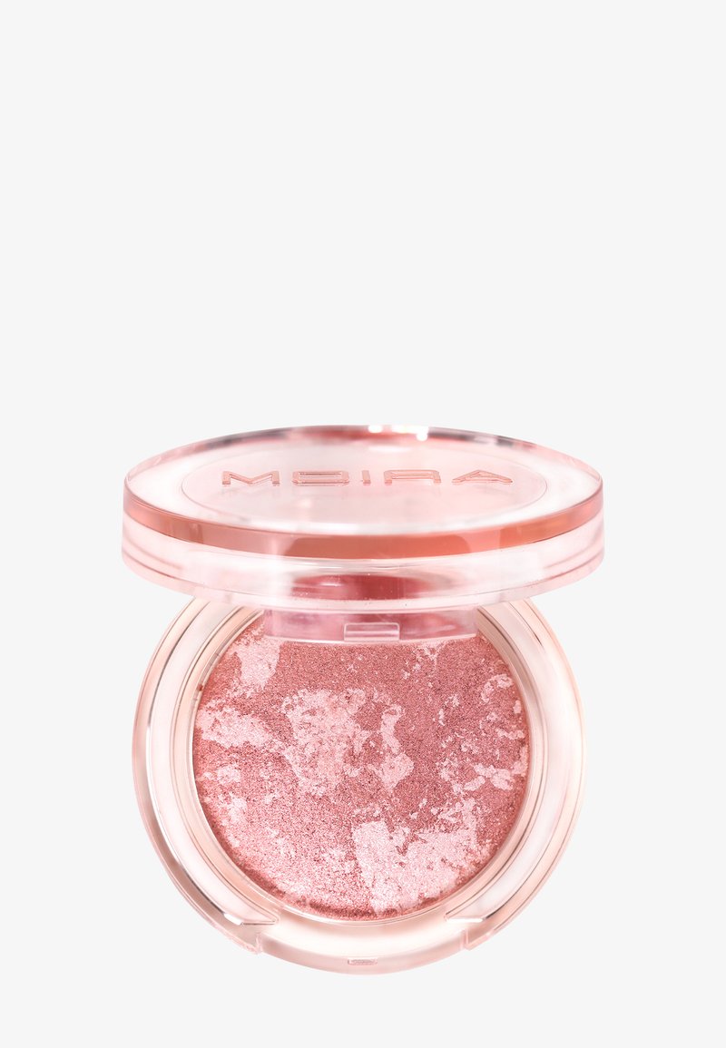 Boîtier rond et compact avec un couvercle transparent rose montrant un fard à paupières marbré rose scintillant à l'intérieur.